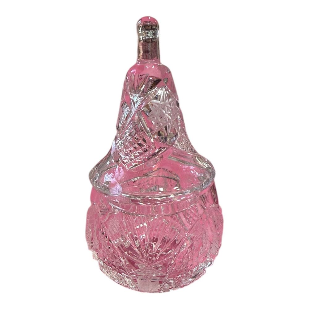 Small Miniature Pear Shape Cut Glass Lidded Vintage Trinket Dish**CLEAR NOT PINK